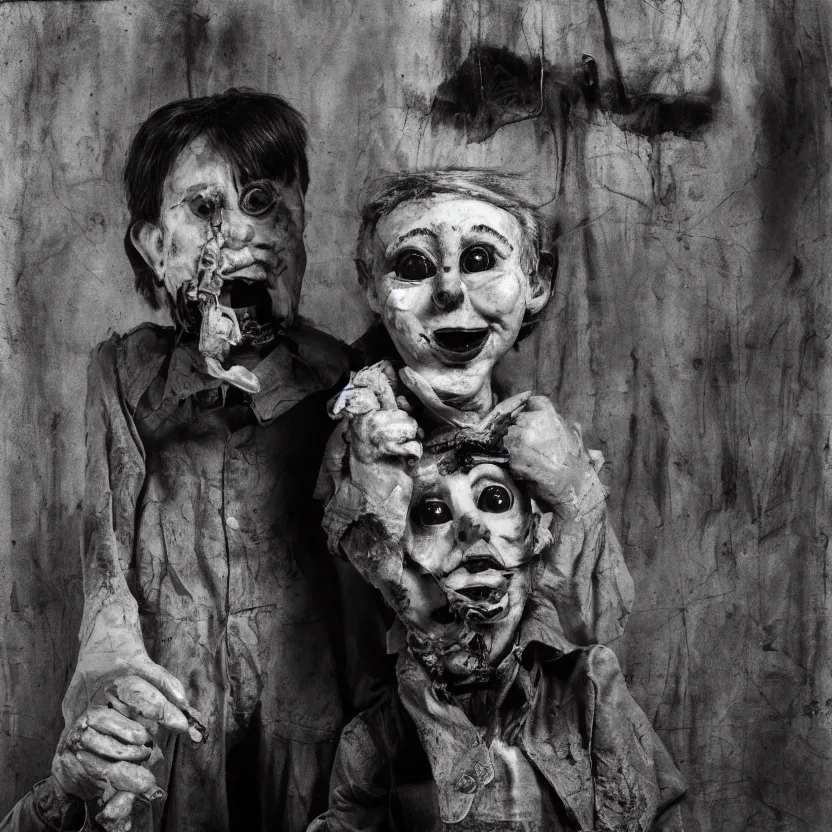 Image similar to bill hicks as a creepy ventriloquist dummy amoking in the style of roger ballen, 4 k, portrait