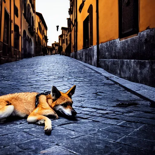 Prompt: dingo coyote mix dog lying on the street in ancient florence, high quality digital art, cinematic lighting, moody lighting