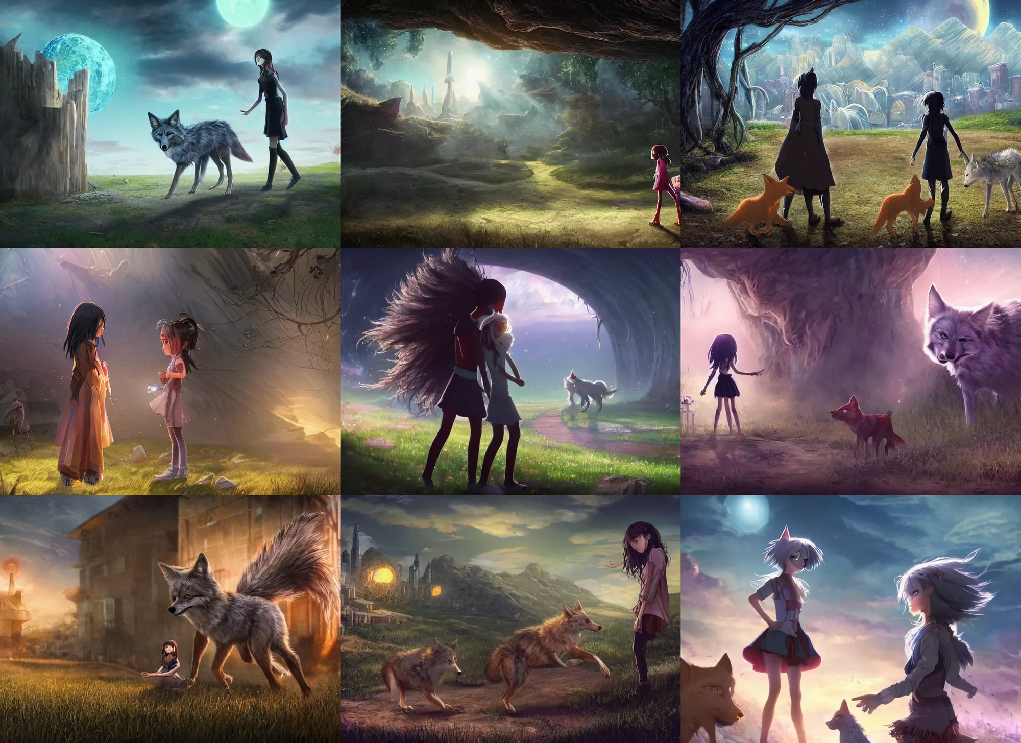 Prompt: one magical quantum coyote warns one innocent black haired girl of apocalyse. intricate, 8 k detail, animation cinematic, superflat, anime character, matte sharp painting, pastoral backyard setting, urban view in the distance