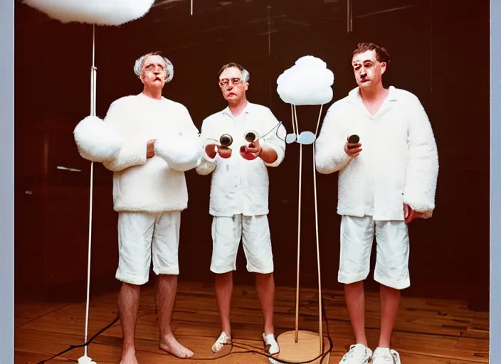 Image similar to realistic photo of a three birdmen wearing white shorts, watching at a levitating fluffy furry cloud, in a living room sci - fi laboratory with many wooden gadgets made of wood interior is made of wood 1 9 9 0, life magazine reportage photo, natural colors