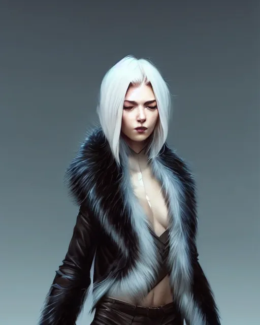 Image similar to dragon hunter wearing a fur - lined dragonhide jacket!!! beautiful and elegant white hair female!! symmetry, character concept art, sharp focus, illustration, artgerm!! greg rutkowski! wlop!! ilya kuvshinov!! charlie bowater! octane render, unreal engine 5! highly rendered!!