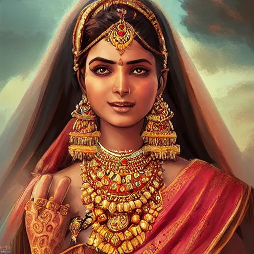 Image similar to portrait of Beautiful indian bride , full of details, matte painting, concept art, smooth, by Jordan Grimmer and by artgerm and by krenz cushart