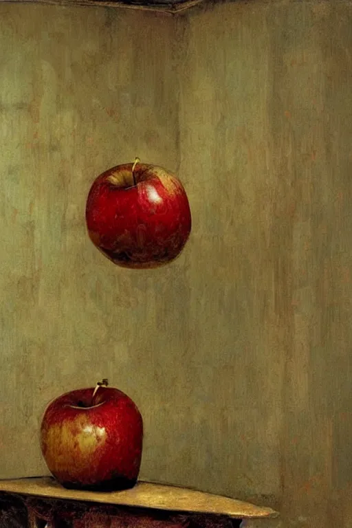 Image similar to A giant rotten apple floating in an abandoned room, detailed art by Phil hale and Ilya repin