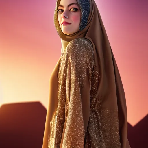 Prompt: A portrait of Emma Stone wearing arabian abaya, high quality, fully detailed, 4k