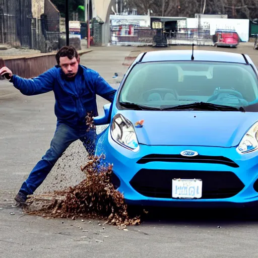 Prompt: crackhead destroying a blue 2013 ford fiesta