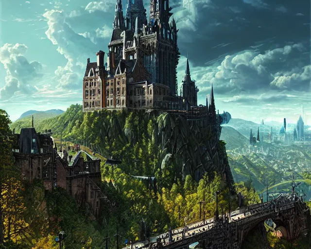 Image similar to gothic architecture busy city on a cliff by the city side, lossy graphics, raster playstation render graphics, high quality game screenshot, scenery art dense foliage art by kim jung giu and weta studio, and lucasfilm and jesper ejsing and norman rockwell partly inspired by greg rutkowski hd