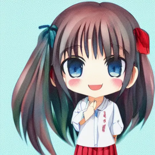 Image similar to water color character face portrait of a singular kawaii chibi in the sytle of kyoto animation, in simple background, nendoroid eyes, blender, toon rendering, toon shader, anime waifu, ukiyoe