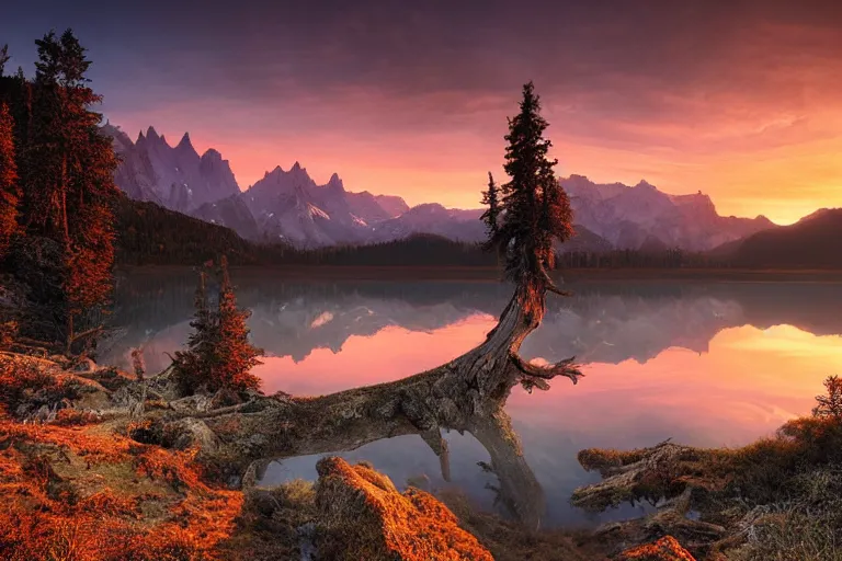 Prompt: beautiful very old photo of a landscape of mountains with lake and a dead tree in the foreground by Marc Adamus, sunset, dramatic sky, 1920
