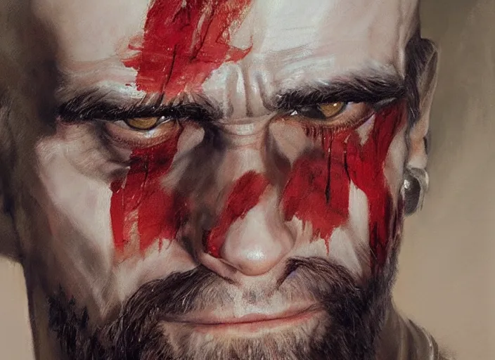 Image similar to a highly detailed beautiful portrait of jim carrey as kratos, by gregory manchess, james gurney, james jean