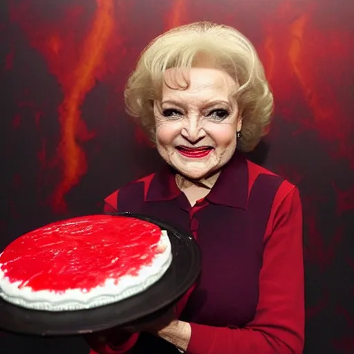 Image similar to betty white baking a cake horror atmospheric red jelly fog eldritch nightmare