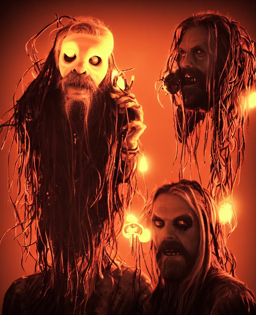 Prompt: Rob Zombie and Captain Spalding (The Devils Rejects), epic angle and pose, symmetrical artwork, 3d with depth of field, blurred background, cybernetic jellyfish female face skull phoenix bird, translucent, nautilus, energy flows of water and fire. a highly detailed epic cinematic concept art CG render. made in Maya, Blender and Photoshop, octane render, excellent composition, cinematic dystopian brutalist atmosphere, dynamic dramatic cinematic lighting, aesthetic, very inspirational, arthouse. y Greg Rutkowski, Ilya Kuvshinov, WLOP, Stanley Artgerm Lau, Ruan Jia and Fenghua Zhong