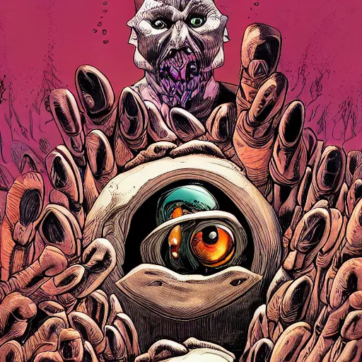 Prompt: precisely drawn illustration of a fleshy mass of eyes and mouths, wide angle, sharp, fine details, french comic style, vibrant realistic colors, full color, heroic fantasy, intense line art, 8 k, precise linework, realistic, in the style of heavy metal comics and richard corben and moebius