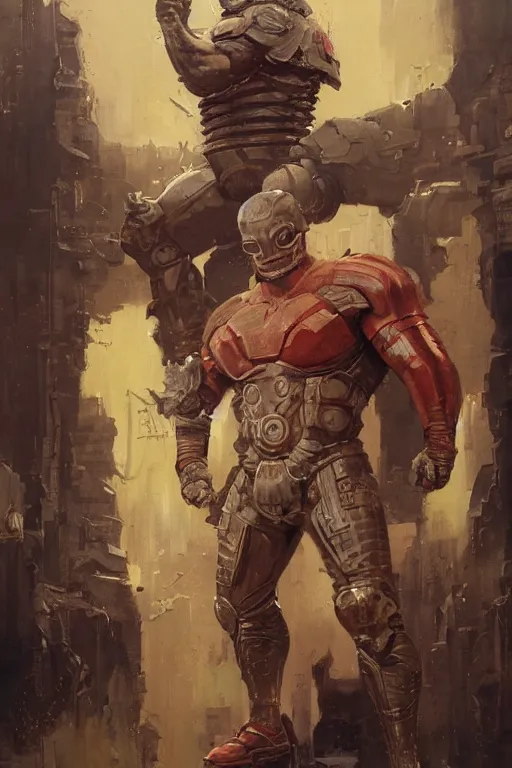 Prompt: pulp scifi fantasy illustration full body portrait marvel juggernaut martyn ford wearing helmet, by norman rockwell, jack kirby, bergey, craig mullins, ruan jia, jeremy mann, tom lovell, 5 0 s, astounding stories, amazing, fantasy, other worlds