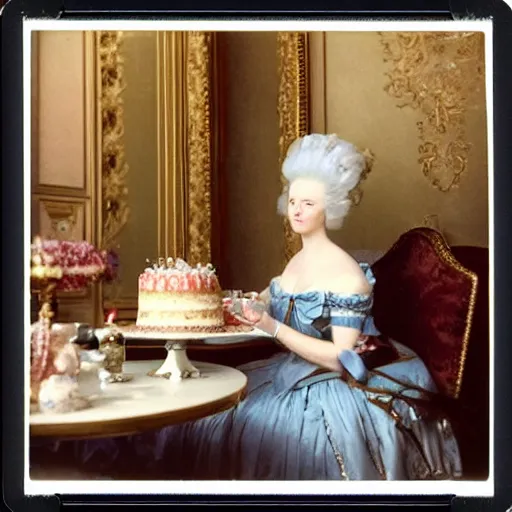 Prompt: a Polaroid of Marie Antoinette eating cake at the Versailles palace in 1792, candid photography