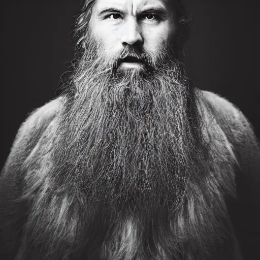 Prompt: stunning photography portrait of mighty dwarf king with long beard from photography award winning, perfect Rembrandt lighting, rule of third, DSLR, f 1.4