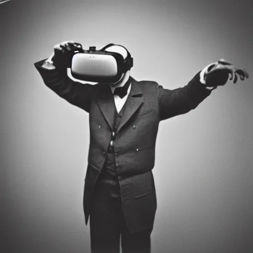 Image similar to vintage photo of a man from the 1800s using a vr headset, 35mm film