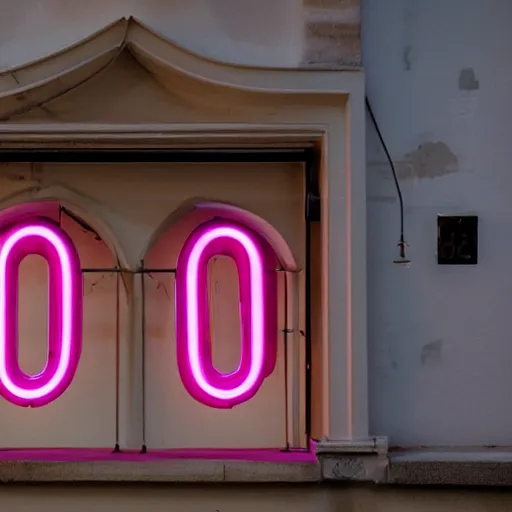 Image similar to A pink neon sign with rounded letters spelling 'odoo' above the front door of a cathedral