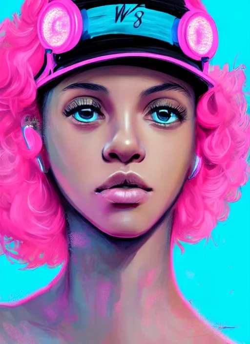 Image similar to portrait of teenage vanessa morgan with bright pink hair, black girl, curly pixie cut hair, wearing newsboy cap, pink short haircut, newsboy cap, hoop earrings, blue eyes, intricate, elegant, glowing lights, highly detailed, digital painting, artstation, concept art, smooth, sharp focus, illustration, art by wlop, mars ravelo and greg rutkowski