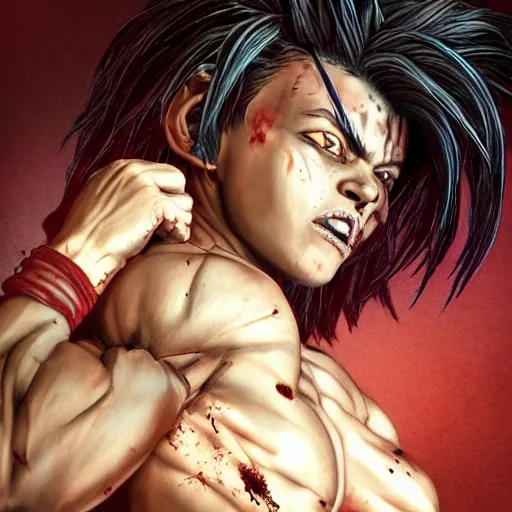 Image similar to fistfight, bloody, brutal, warrior girl, muscular girl, wild spiky black saiyan hair, long spiky hair, electrified hair, fistfighting, ultra realistic, intricate details, highly detailed, subsurface scattering, photorealistic, octane render, 8 k, art by artgerm, greg rutkowski, magali villeneuve, alphonse mucha