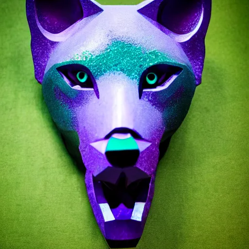 Image similar to portrait photography of a emerald wolf sculpture with glowing purple eyes