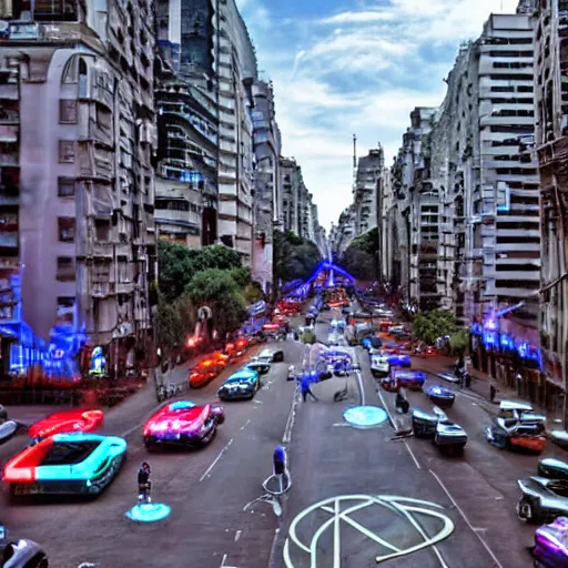 Image similar to Buenos Aires Argentina, futuristic cars in the street, holograms in the street, detailed, hd