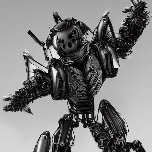 Image similar to a photograph portrait of a humanoid robotic bee, full body, realistic, ultra detailed, atomic weaponry, gigantic pillars, dark fantasy
