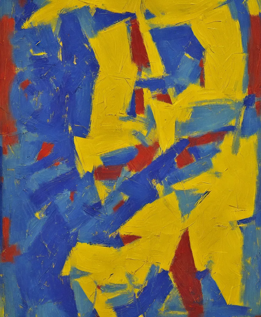 Prompt: a warrior with a blue - yellow flag defeats satan, expressive abstractionism, many small saturated hard relief strokes of oil on canvas with high detail