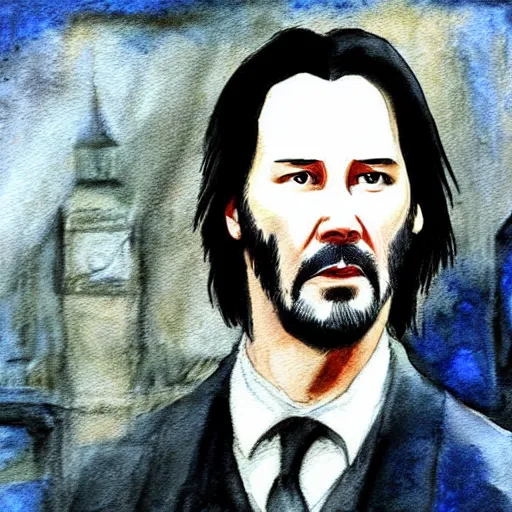 Prompt: Keanu Reeves as Sherlock Holmes aquarelle painting