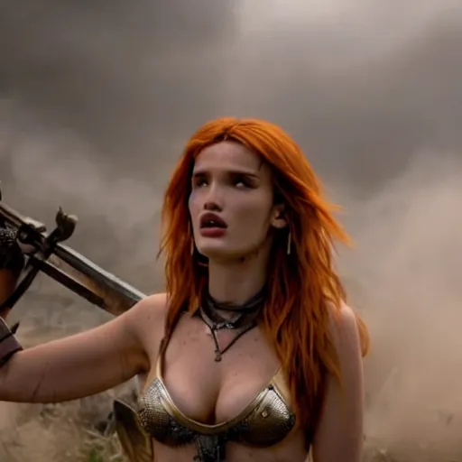 Prompt: bella thorne as the goddess of war in a battlefield, ground mist, cinematic