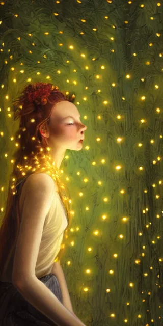 Prompt: young woman surrounded by golden firefly lights in a stunning scene, amidst nature fully covered by a intricate detailed dress, long red hair, precise linework, accurate green eyes, small nose with freckles, smooth oval shape face, empathic, bright smile, expressive emotions, hyper realistic ultrafine art by artemisia gentileschi, jessica rossier, boris vallejo