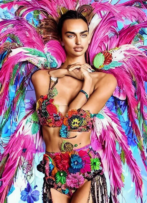 Prompt: beautiful portrait of Irina Shayk wearing fantastic bra and dress in the VICTORIA'S SECRET fashion show ,embellished beaded feather decorative fringe knots ,colorful pigtail,subtropical flowers and plants,perfect symmetrica body shape,symmetrical face,intricate,elegant,highly detailed,8k,post-processing,digital painting,trending on pinterest,harper's bazaar,concept art, sharp focus, illustration, by artgerm,Tom Bagshaw,Lawrence Alma-Tadema,greg rutkowski,Alphonse Mucha,golden ratio