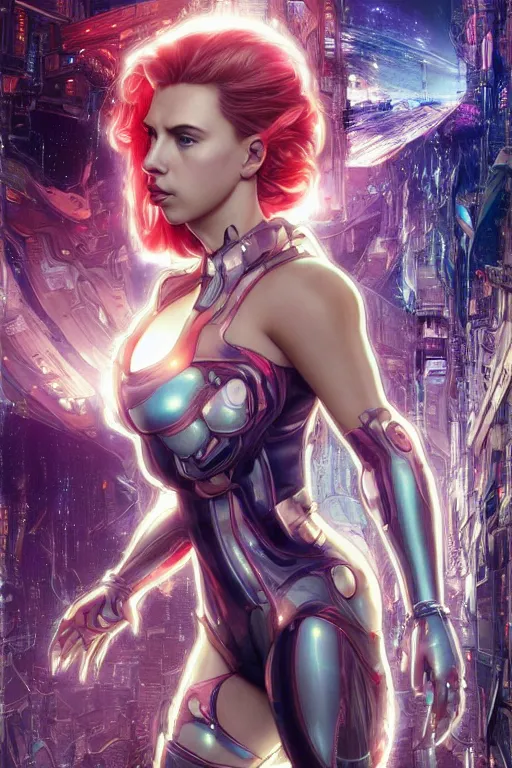 Image similar to celestial cyberpunk scarlett johansson with cybernetic implants emerging from the big bang, by artgerm and yoshitaka amano and moebius and alphonse mucha, hyperdetailed, dc comics, ornate, nebula, explosions in the sky, trending on artstation