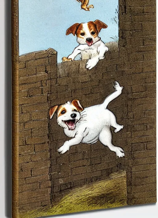 Image similar to jack russel terrier jumping from the ground over a brick fence, illustrated by peggy fortnum and beatrix potter and sir john tenniel