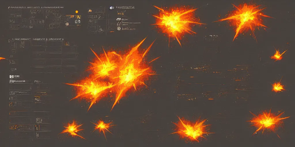 Prompt: asset sheet of explosions on black background, matte painting, 2 d, sprite