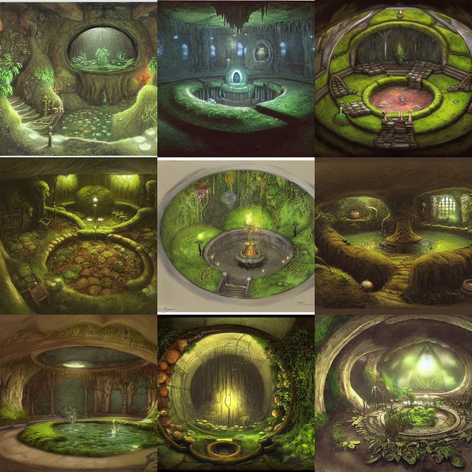 Prompt: underground room, round soft glowing pool in the centre, earth walls with mosses and ferns, damp, dark, gothic by rutkowski and brian froud, concept art