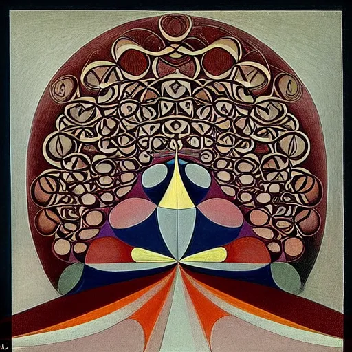 Image similar to a beautiful genius-like composition of incredibly profound symbolic art expressing the nature of time, wondrous, benign and numinous by M. C. Escher and by Hilma af Klint