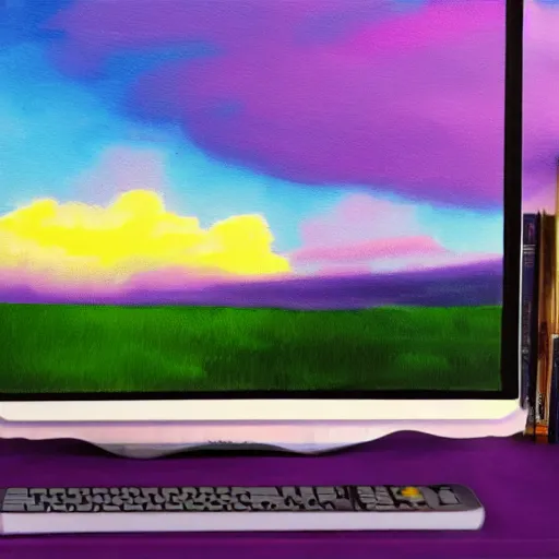 Prompt: realistic panting of a desk on a purple field blue clouds