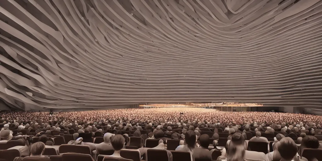 Image similar to interior space of a concert hall venue with a symphony orchesta playing on the stage, concrete material, parametric design, single point perspective, light caustics, architecture phenomenology, realistic, low saturated, moody, 8 k