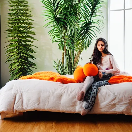 Image similar to portrait photo of a slim girl with 1 0 year old, light brown hair, brown eyebrows, brown eyes, pretty eyelashes, holding an orange persian cat sitting in a queen size bed, daylight from big window with an araucaria tree outside, green and light purple flowers wallpaper