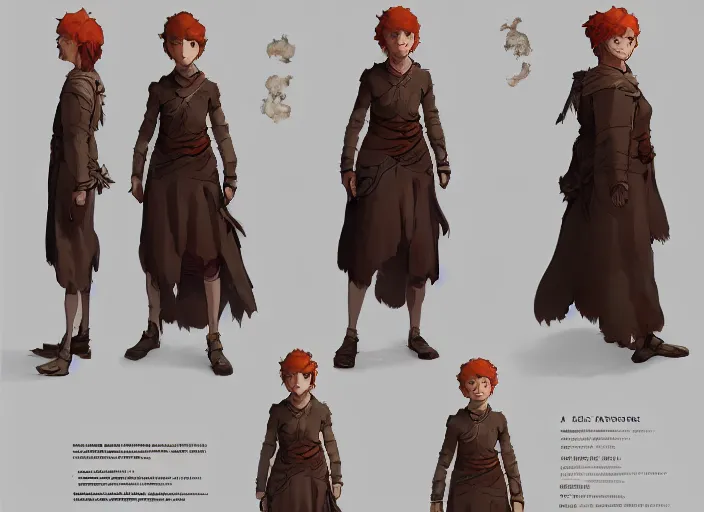 Prompt: character sheet for a ginger woman, for arcane netflix by greg rutkowski, by studio ghibli, digital art, trending on artstation, hd, 8 k, highly detailed, good lighting, beautiful, masterpiece