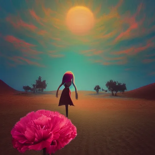 Image similar to giant carnation flower head girl, suit, desert, surreal photography, sunrise, dramatic light, impressionist painting, digital painting, artstation, simon stalenhag