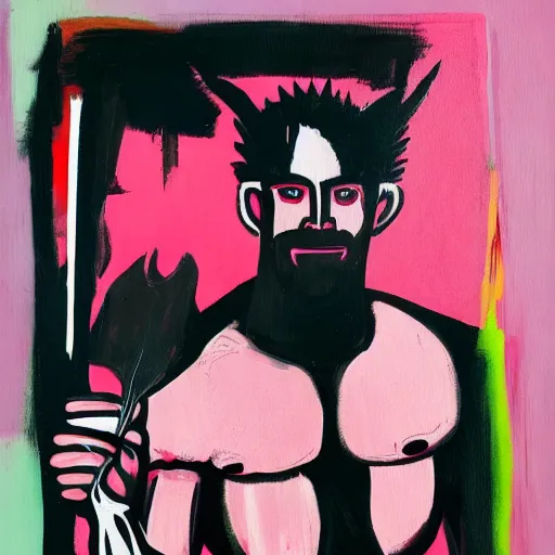 Image similar to A mirror selfie of a handsome muscular man with white angel wings and black devil horns, holding iPhone, pitchfork, pink background, abstract Basquiat oil painting with thick paint strokes