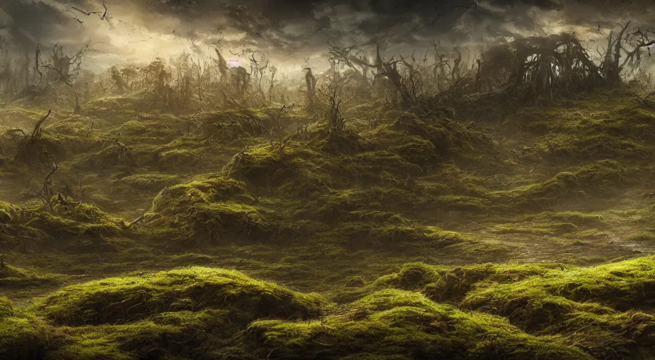 Image similar to Panorama of a desolate land incorporating a giant 65 year-old Gaia covered in moss, crying softly and humbly, sitting on a dried up river, highly-detailed, elegant, dramatic lighting, artstation, 4k, cinematic landscape