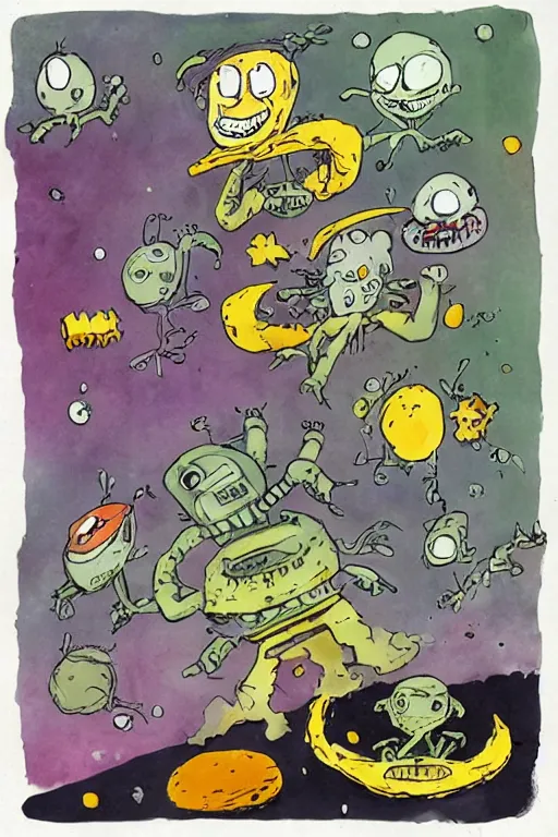 Image similar to aliens on a moon made of cheese by quentin blake