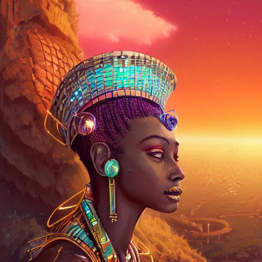 Image similar to highly detailed portrait of an african neon egyptian goddess, intricate alien technology, stephen bliss, unreal engine, fantasy art by greg rutkowski, loish, rhads, ferdinand knab, makoto shinkai and lois van baarle, ilya kuvshinov, rossdraws, tom bagshaw, global illumination, radiant light, detailed and intricate environment