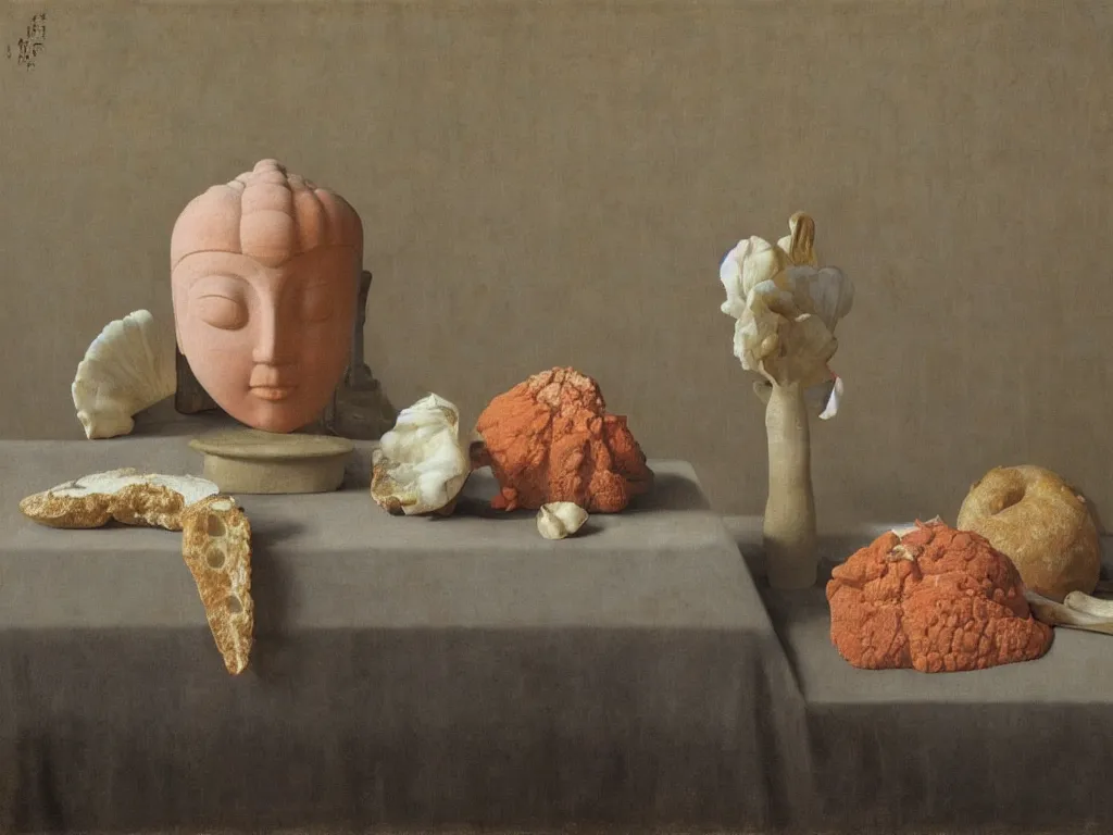 Image similar to Still life with corals, conch shell, white cloth, Buddha Ava statue, wilted flower, moldy bread. Painting by Hammershoi, Zurbaran, Morandi