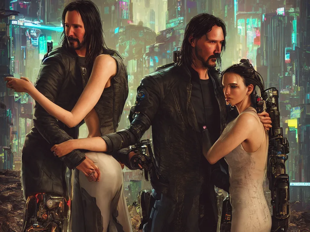 Image similar to a cyberpunk 2077 srcreenshot wedding couple portrait of a Keanu Reeves and a female android final kiss,love,film lighting,by Laurie Greasley,Lawrence Alma-Tadema,Dan Mumford,John Wick,Speed,Replicas,artstation,deviantart,FAN ART,full of color,Digital painting,face enhance,highly detailed,8K,octane,golden ratio,cinematic lighting