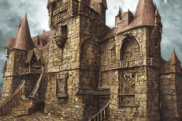 Prompt: A medieval keep, texture, intricate, details, highly detailed, masterpiece, architecture, building, trending on artstation, focus, sharp focus, concept art, digital painting, fantasy, D&D, tabletop, rpg, roleplay, sunny, day, midday