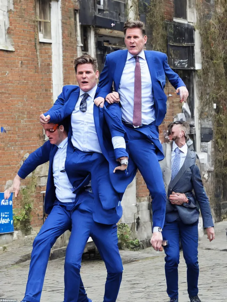 Prompt: Sir Kier Starmer wearing a blue suit piggy back on the street people are scared