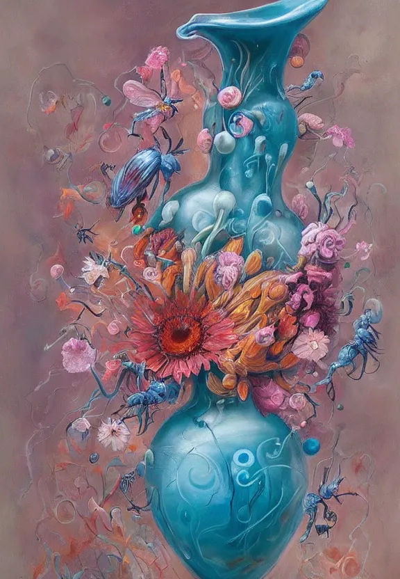 Image similar to a biomorphic painting of a vase with flowers and eyeballs in it, a surrealist painting by marco mazzoni, by dorothea tanning, pastel blues and pinks, featured on artstation, metaphysical painting, oil on canvas, fluid acrylic pour art, airbrush art, bees, seapunk, rococo, lovecraftian